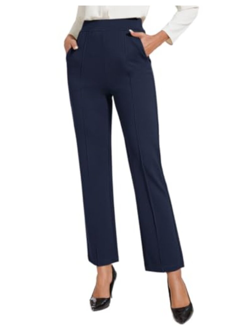 Women's High Rise Straight Leg Pull On Slacks with Pockets Rayon Blend